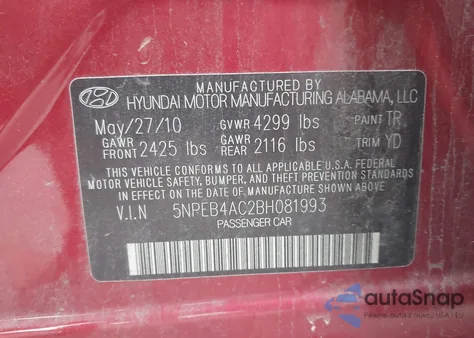 2011 Hyundai Sonata Gls from USA, damaged, VIN 5NPEB4AC2BH081993